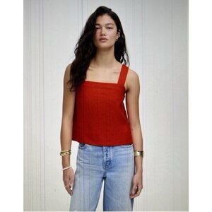 Madewell Contrast-Stitch Squareneck 100% Linen Tank Top Bright Flame Red Size M
